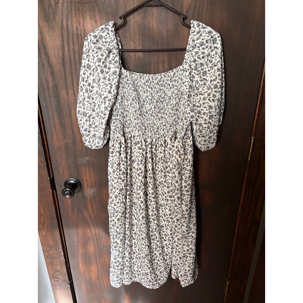 Mikarose Floral Smocked Midi Dress XXL Cream Navy Blue Puff Sleeve Cottagecore